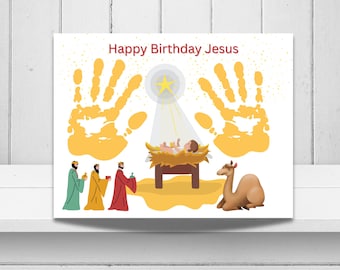 Nativity Handprint Art, Christian Handprint, Sunday School Activity, Preschool Handprint Craft, Happy Birthday Jesus Handprint, Advent Craft