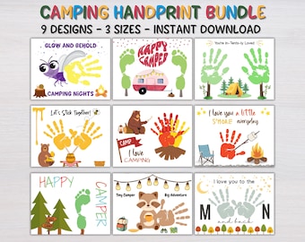 May include: A collection of nine camping-themed handprint designs. Each design features colorful handprints arranged to create images of a camper, campfire, and other camping elements. Text includes "Camping Handprint Bundle" and "Instant Download."