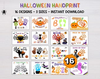 May include: A digital collection of 16 Halloween handprint art designs featuring pumpkins, ghosts, cats, and bats with text including Happy Halloween, Trick or Treat, and Quack-or-Treat. The set includes 3 sizes for instant download.