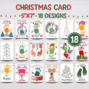Puede incluir: Un conjunto de 18 tarjetas de Navidad de 12,7 cm por 17,8 cm, con varios diseños festivos que incluyen arte de huellas de manos, huellas de pies, árboles de Navidad, elfos, renos y textos como Merry Christmas y Holly Jolly.