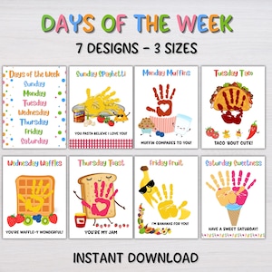 May include: A vibrant print showcasing seven designs for each day of the week, with food-themed illustrations and handprint art. The text reads "DAYS OF THE WEEK" and "7 DESIGNS - 3 SIZES". Includes the words "INSTANT DOWNLOAD".