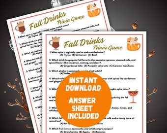 Op de afbeelding: Een printbaar herfst dranken trivia spel met een afbeelding van een pumpkin spice latte. Het spel bevat vragen over populaire herfst dranken en specerijen. De tekst op het spel zegt "Fall Drinks Trivia Game".