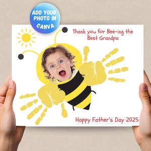 Vatertagsgeschenk Handabdruck Basteln mit dem Foto des Kindes, Geschenk für Vater, Bienen Handabdruck Design, Kleinkind Aktivität, Basteln für Vorschulkinder, in Canva bearbeitet