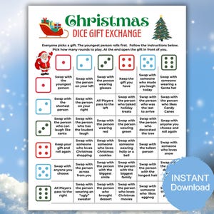 Weihnachtsgeschenk-Tauschspiel, druckbares Spiel, Weihnachtsfeier, Weißer Elefant-Geschenk-Tauschspiel, Spaß für alle Altersgruppen, Feiertags-Würfelspiel.