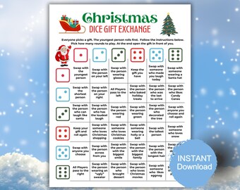 Juego de dados de intercambio de regalos de Navidad, juego imprimible, fiesta de Navidad, juego de intercambio de regalos de elefante blanco, diversión para todas las edades, juego de dados navideños.
