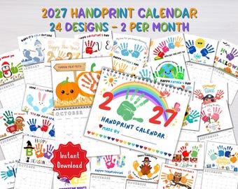 2027 Handprint Calendar, Printable Handprint Craft, Preschool Activity, Handprint Keepsake, Preschool Craft, Toddler Handprint Activity