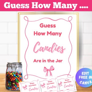 Guess How Many Candies, Pink Bow Baby Shower Game, Printable Game, Baby Sprinkle Game, Edit Free in Canva