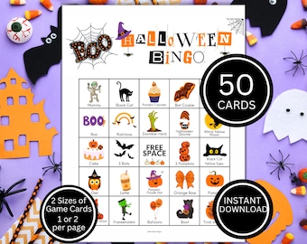Halloween Bingo Game, Kids Halloween Party Game,  50 Halloween Bingo Cards, Halloween Party, Classroom Party, Fun Family Game