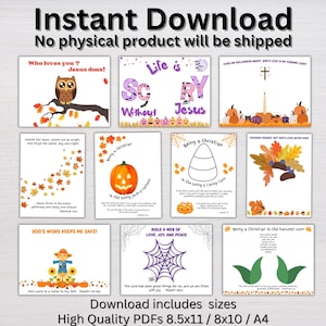 May include: A digital collection of ten printable Christian-themed fall activity sheets featuring illustrations of owls, pumpkins, candy corn, scarecrows, and spiderwebs with religious text. The set includes high-quality PDFs in 8.5x11, 8x10, and A4 sizes.