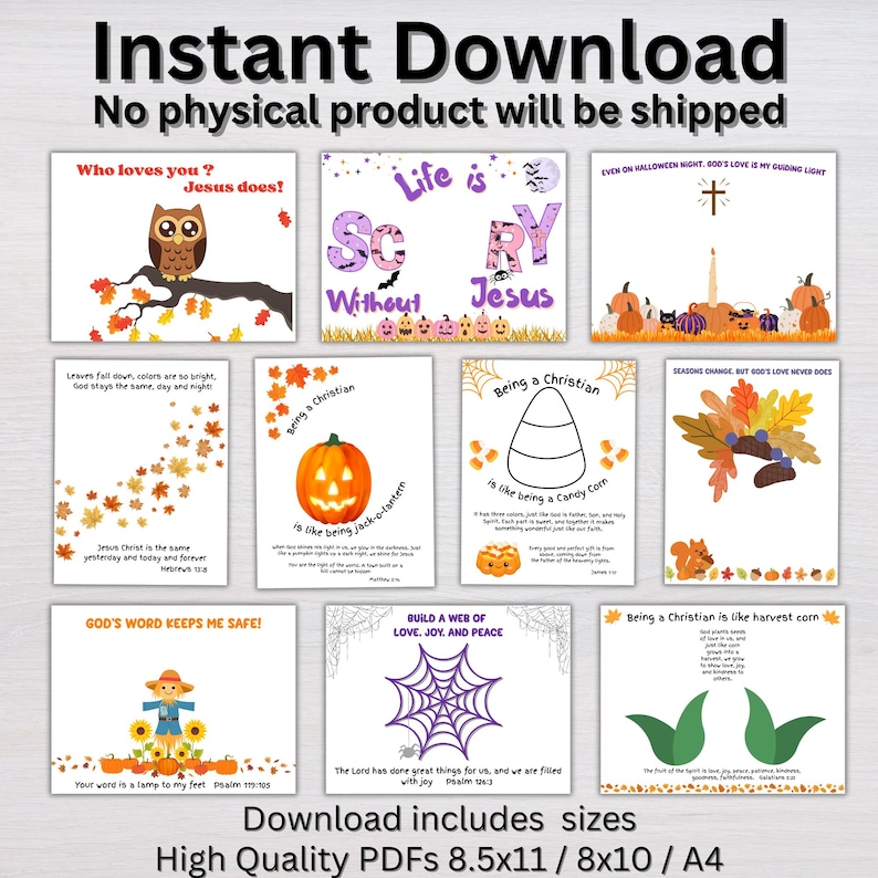 May include: A digital collection of ten printable Christian-themed fall activity sheets featuring illustrations of owls, pumpkins, candy corn, scarecrows, and spiderwebs with religious text. The set includes high-quality PDFs in 8.5x11, 8x10, and A4 sizes.