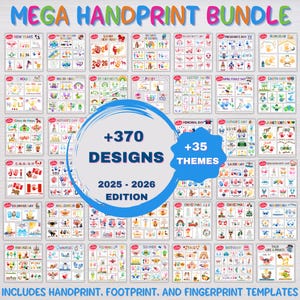 Puede incluir: Una colecci&oacute;n digital titulada MEGA HANDPRINT BUNDLE que incluye 370 dise&ntilde;os en 35 temas para 2025-2026. La cuadr&iacute;cula muestra varias plantillas coloridas para huellas de manos, pies y dedos, incluyendo motivos festivos y estacionales.