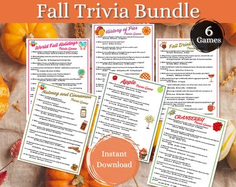 Op de afbeelding: Een printbare herfst-triviabundel met zes verschillende spellen: Wereldwijde herfstvakantie, Geschiedenis van taarten, Herfst dranken, Nootmuskaat en kaneel, Appel en Cranberry. Elk spel heeft een kleurrijke achtergrond met herfstthema's en een lijst met triviavragen.