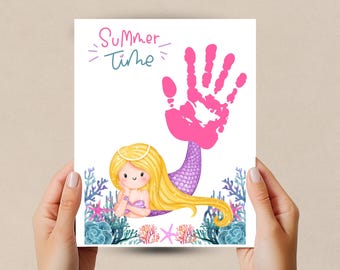 Lavoretto estivo con impronte di mani, Arte con impronte di mani, Impronta di mano da sirena, Ricordo con impronte di mani di neonati, Attività prescolare, Lavoretto per l'asilo nido, Impronta di mano di bambini piccoli