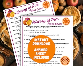 Op de afbeelding: Een printbaar trivia-spel over de geschiedenis van taarten. Het spel bevat vragen over de oorsprong van taarten, waar ze van gemaakt waren en wanneer ze populair werden. Het spel is ontworpen om te spelen met vrienden en familie.