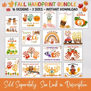 Puede incluir: Una colecci&oacute;n digital de 16 plantillas de arte con huellas de manos con tem&aacute;tica oto&ntilde;al que incluyen motivos estacionales como calabazas, pavos, b&uacute;hos y tractores, acompa&ntilde;ados de textos como Hello Fall.