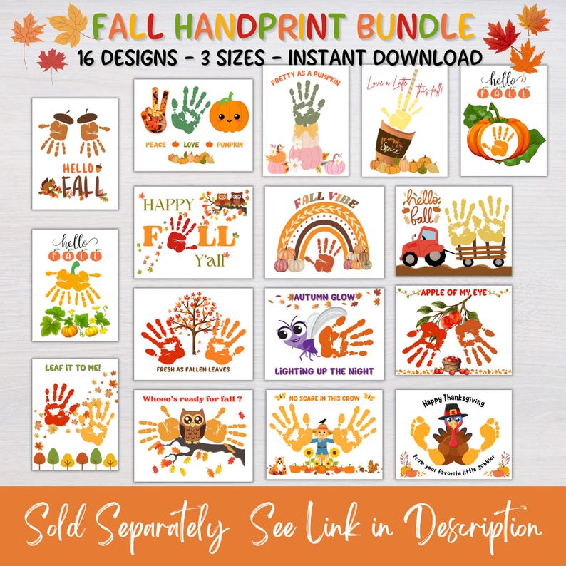 Puede incluir: Una colecci&oacute;n digital de 16 plantillas de arte con huellas de manos con tem&aacute;tica oto&ntilde;al que incluyen motivos estacionales como calabazas, pavos, b&uacute;hos y tractores, acompa&ntilde;ados de textos como Hello Fall.