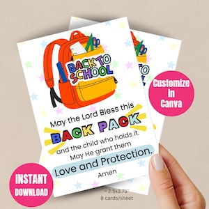Backpack Blessings Tag, Back to School, Sunday School Printable, Church Printable, Religious Tags, 8 Cards per Sheet, Editable in CANVA