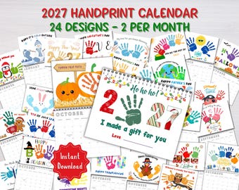 May include: A 2027 handprint calendar featuring 24 seasonal designs with two per month. The cover displays the text 2027, Ho ho ho!, I made a gift for you, and Love. The pages include colorful handprint art, holiday themes, and monthly grids.