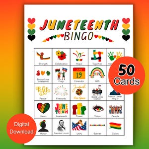 Juneteenth Bingo-Spiel, 50 druckbare Bingokarten, Freiheitstag Juni-Tätigkeitsspiel, einfach zu drucken und zu spielen, schwarzes Geschichtsspiel