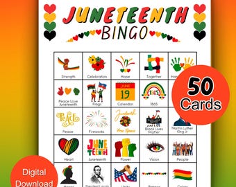 Juego de bingo Juneteenth, 50 tarjetas de bingo imprimibles, juego de actividades Juneteenth del Día de la Libertad, fácil de imprimir y jugar, juego de historia afroamericana