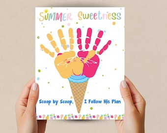 May include: A colorful summer-themed print featuring a handprint design resembling an ice cream cone. The words "Summer Sweetness" are at the top, with "Scoop by Scoop, I Follow His Plan" at the bottom. The handprint is yellow and pink.