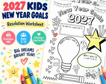 2027 New Year Goals for Kids, Resolution Worksheet for Kids, New Year 2027 Coloring Page, Kids Party Activity, Family Time Capsule