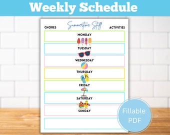 Programma settimanale estivo in formato PDF compilabile, modello di programma per bambini, routine estiva per bambini, routine settimanale