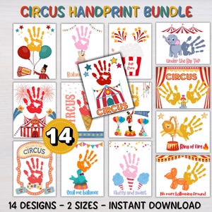 May include: A digital collection of 14 circus-themed handprint art templates featuring colorful illustrations of elephants, lions, popcorn, and circus tents. Each page includes space for a handprint and text like Circus, Under the Big Top, and Ring of Fire.