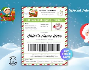 Etichetta di spedizione elfo modificabile, etichetta di spedizione elfo stampabile, pacco di arrivo elfo, laboratorio di giocattoli del Polo Nord, posta di Babbo Natale, etichetta regalo di Natale