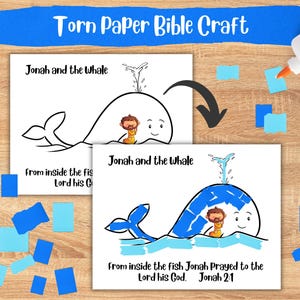 Arte con carta strappata, lavoretto per la scuola domenicale, attività cristiana per la scuola materna, lavoretto con la Bibbia stampabile, attività per la chiesa dei bambini, Giona e la balena