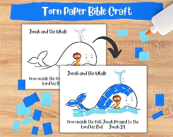 Torn Paper Art, Sunday School Craft, Christian Preschool Activity,  Printable Bible Craft, Children Church Activity, Jonah and the Whale