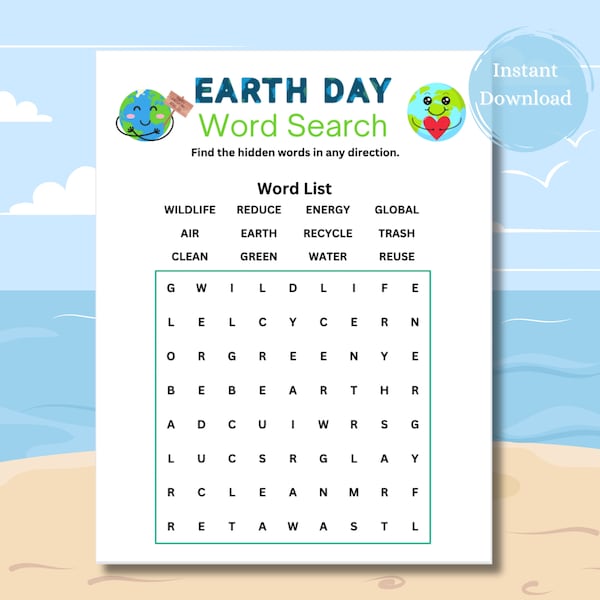 Earth Day Word Search, Earth Day Game, Classroom Activity, Family Game Night Word Search Puzzle. Earth Day Word Search Activity and Game.