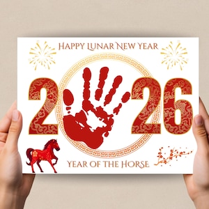 Artesanato de impressão de mão para o Ano Novo Lunar de 2026, Arte de impressão de mão do Ano do Cavalo, Atividade de impressão de mão, Impressão de mão para o Ano Novo Chinês, Atividade de creche
