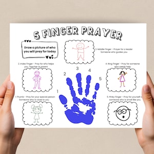 May include: A printable worksheet with a blue handprint and five fingers numbered 1 through 5. Each finger has a corresponding prayer suggestion, such as praying for a leader, a teacher, or someone who needs help. The worksheet also includes a space to draw a picture of someone to pray for.