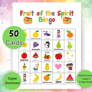 Juego de bingo Fruto del Espíritu, 50 tarjetas de bingo imprimibles, Juego de escuela dominical Fruto del Espíritu, Actividad de campamento de la iglesia, Bingo para grupos de jóvenes