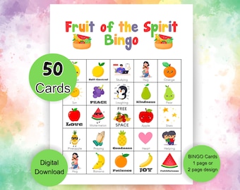 Fruit of the Spirit Bingo Game, 50 Printable Bingo Cards, Fruit of the Spirit Sunday School Game, Church Camp Activity, Youth Group Bingo
