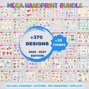 Peut inclure: Une collection numérique intitulée MEGA HANDPRINT BUNDLE comprenant plus de 370 modèles répartis sur 35 thèmes pour 2026-2027. L'image présente de nombreux modèles colorés pour des empreintes de mains, de pieds et de doigts, classés par fêtes.