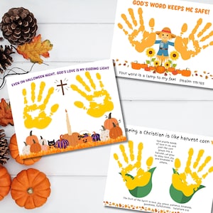 May include: Three white paper sheets featuring handprint art and religious text. One shows a scarecrow with orange handprints, another a candle and cross with yellow handprints, and the third corn stalks with yellow handprints and text.