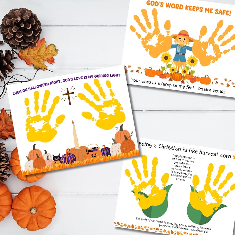 May include: Three white paper sheets featuring handprint art and religious text. One shows a scarecrow with orange handprints, another a candle and cross with yellow handprints, and the third corn stalks with yellow handprints and text.