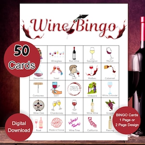 Puede incluir: Un juego de bingo temático de vino con 50 cartas, con ilustraciones de copas de vino, botellas y artículos relacionados. El juego incluye el texto "Wine Bingo" y "Digital Download."