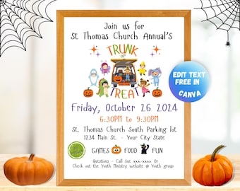 Truck or Treat Flyer, Halloween Party, Halloween School Invitation,  Editable Canva Template, Halloween Template