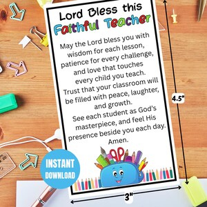 May include: A rectangular card measuring 7.62 cm by 11.43 cm featuring the text Lord Bless this Faithful Teacher, a prayer, and a cartoon pencil case illustration. The card includes a blue circular badge with the text INSTANT DOWNLOAD.