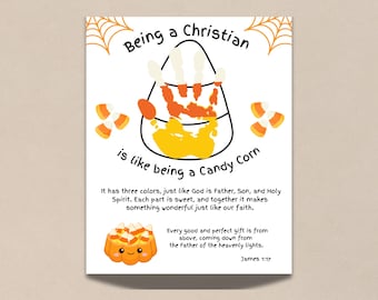 Halloween Christian Handprint Craft, Candy Corn Handprint Art, Preschool Activity, Toddler Handprint Halloween Sunday School Printable Craft