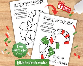 Candy Cane Torn Paper Art, Sunday School Craft, Christian Preschool Activity,  Printable Bible Craft, Children Church Activity