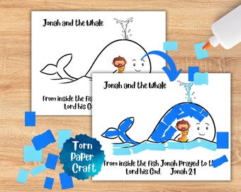 Torn Paper Art, Sunday School Craft, Christian Preschool Activity,  Printable Bible Craft, Children Church Activity, Jonah and the Whale