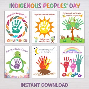 Può includere: Una collezione di sei stampe artistiche colorate per la Giornata dei Popoli Indigeni. Ogni stampa presenta impronte di mani, soli, alberi e animali, con frasi come "Insieme brilliamo di più" e "Ci solleviamo a vicenda". Sono visibili anche le parole "Giornata dei Popoli Indigeni" e "Download istantaneo".