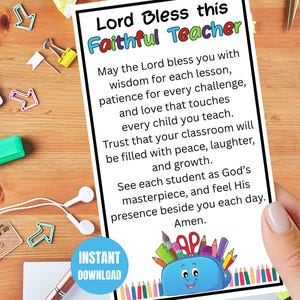 Teacher Prayer Tag, Christian Teacher Blessing, New School Year Prayer, Sunday School Printable, Lanyard Card, First Day of School Prayer