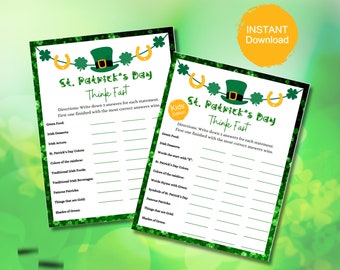 Think Fast St. Patrick's Day Game. St Patrick's Day classroom activity, school party games.  Perfect for family fun! Adult Version included.