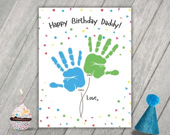 Lavoretto con l'impronta della mano per il compleanno, Biglietto di auguri per papà, Stampabile per la scuola materna, Regalo fai da te facile con l'impronta della mano per il compleanno, Ricordo con l'impronta della mano
