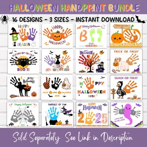 Puede incluir: Un paquete digital de huellas de manos para Halloween con 16 dise&ntilde;os en 3 tama&ntilde;os para descarga instant&aacute;nea. La colecci&oacute;n incluye varias ilustraciones de calabazas, fantasmas, gatos y murci&eacute;lagos, integrando huellas de manos y pies.